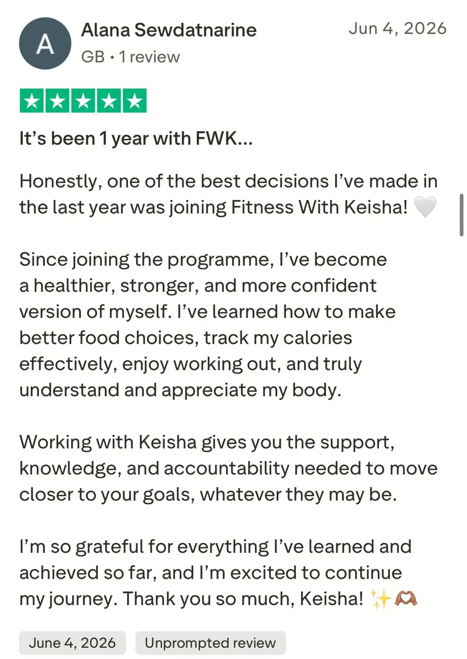 Alana's 5-star Trustpilot review, June 2026