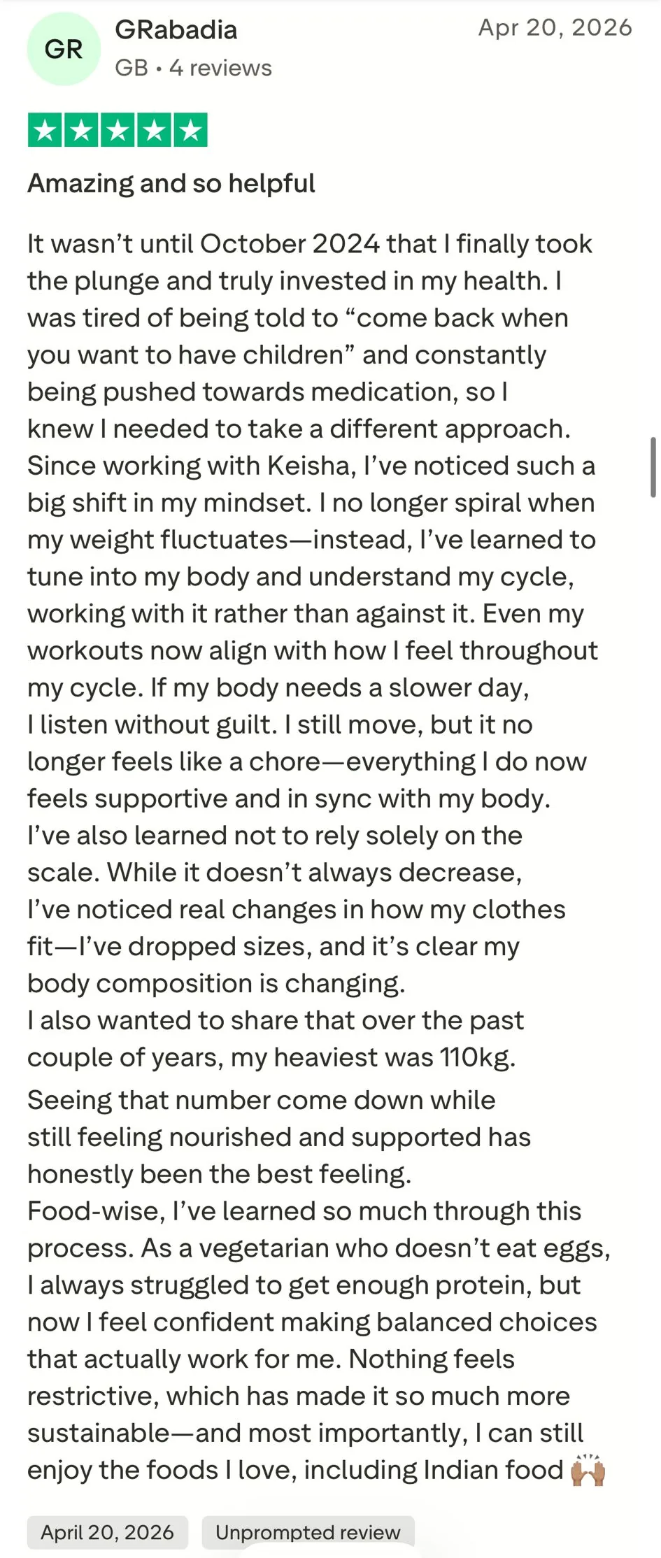 Geeta's 5-star Trustpilot review, April 2026