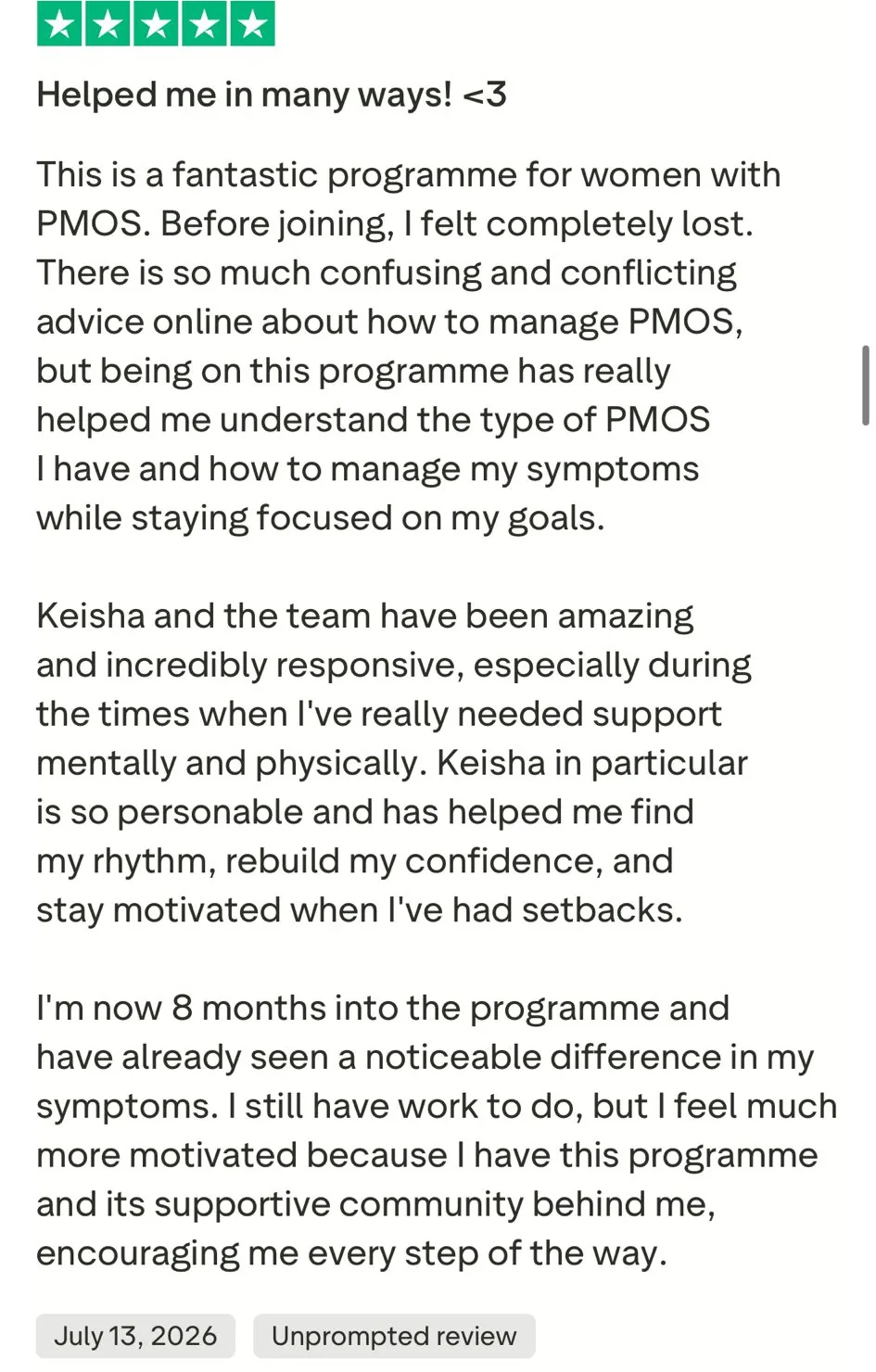 Sheena's 5-star Trustpilot review, July 2026